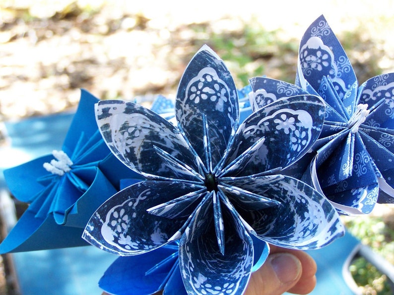 Origami Paper Flowers of Sapphire Blue 5 Origami Flowers With Stems image 4