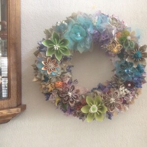 Origami Flower Wreath 10/12/14 Inch Diameter With Fabric Decor and 10-12 Origami Flowers image 6