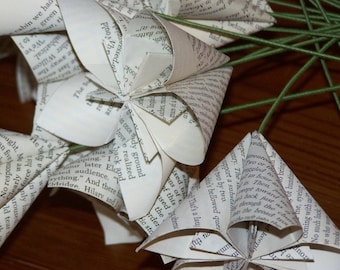 10 Origami Book, Sheet Music, or Map Pages Paper Flowers With Stems