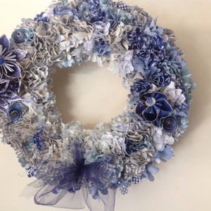 Origami Flower Wreath With Fabric Cut Squares 14 Inches Wide With 10 Origami Flowers and Tulle Bow image 5