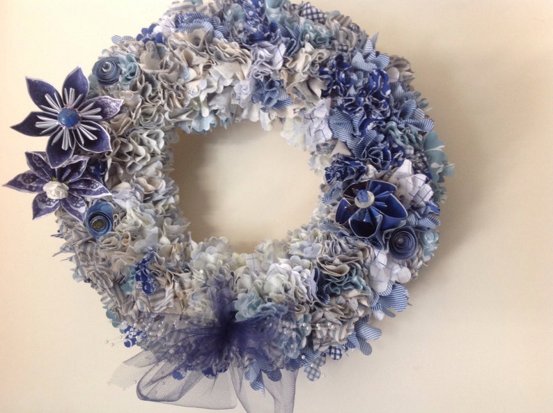 Origami Flower Wreath With Fabric Cut Squares 14 Inches Wide With 10 Origami Flowers and Tulle Bow image 5