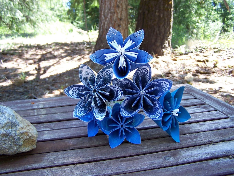 Origami Paper Flowers of Sapphire Blue 5 Origami Flowers With Stems image 2