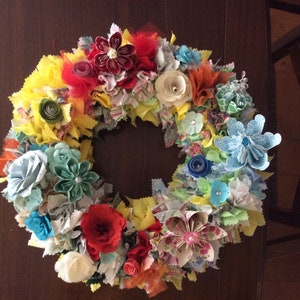 Origami Flower Wreath 10/12/14 Inch Diameter With Fabric Decor and 10-12 Origami Flowers Summer Colors