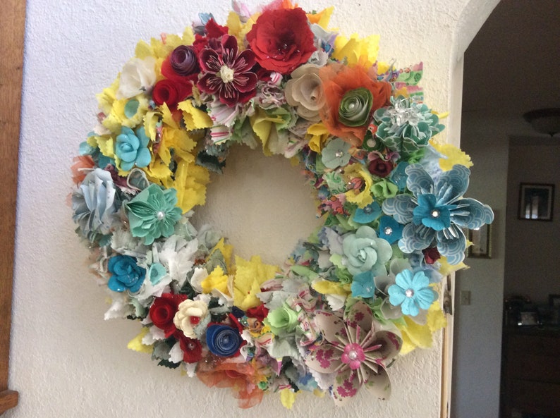Origami Flower Wreath 10/12/14 Inch Diameter With Fabric Decor and 10-12 Origami Flowers image 5
