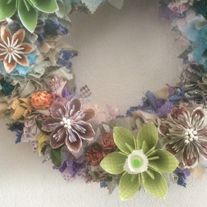 Origami Flower Wreath 10/12/14 Inch Diameter With Fabric Decor and 10-12 Origami Flowers image 3