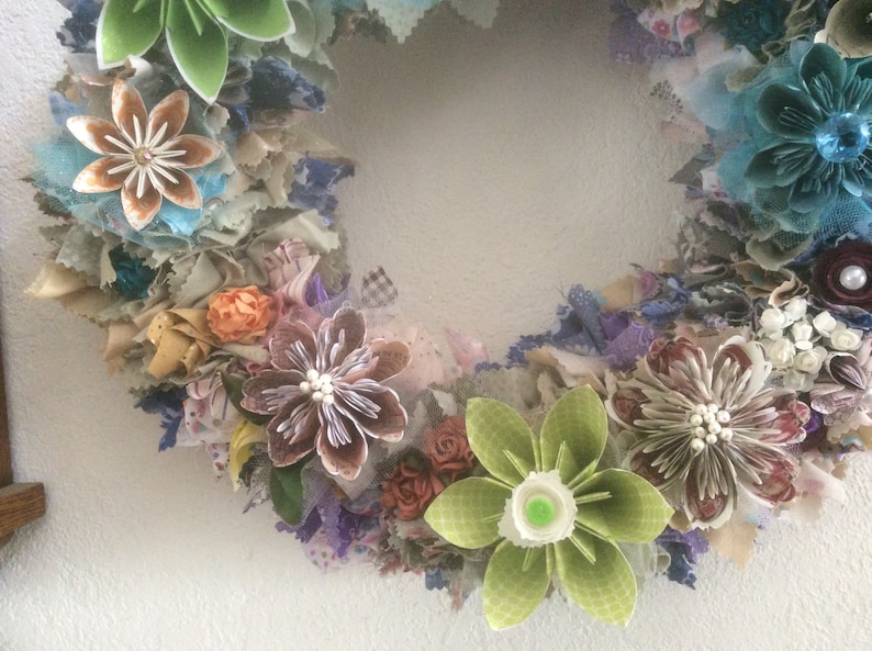 Origami Flower Wreath 10/12/14 Inch Diameter With Fabric Decor and 10-12 Origami Flowers image 3