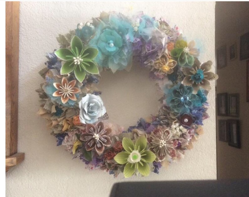 14 Inch Large Fabric and Paper Flower Straw Wreath Color Choices Available image 1