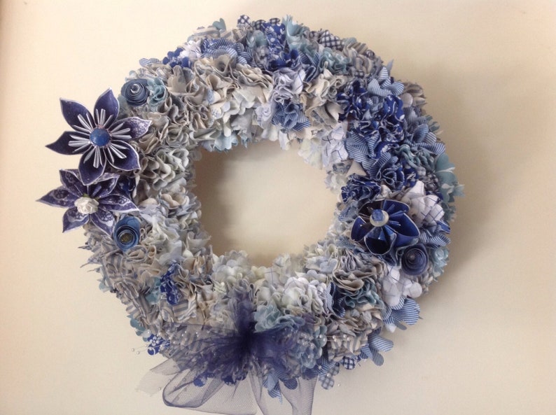 Origami Flower Wreath With Fabric Cut Squares 14 Inches Wide With 10 Origami Flowers and Tulle Bow image 1