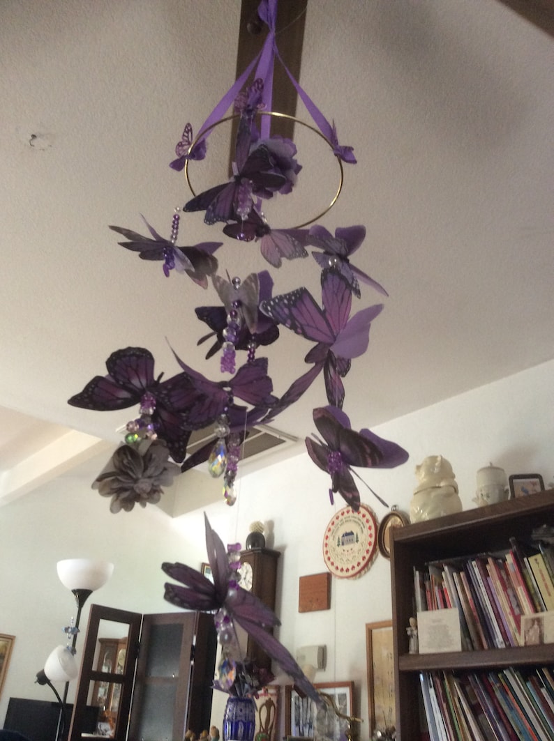 Purple Butterfly Mobile with 13 Three Dimensional Butterflies Enhanced with Crystal Beads Casting Rainbows image 5