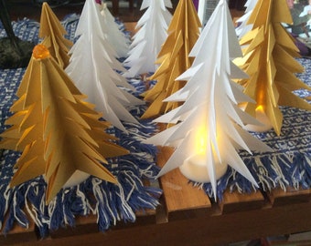 10 Gold, Silver and White Origami Trees With 10 Battery Operated Candles Included