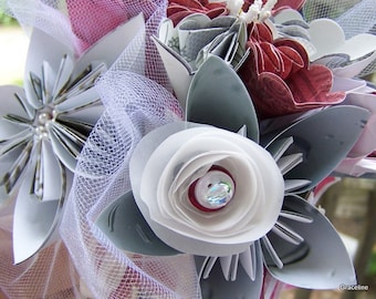 Bridesmaid Mini Bouquet of 6 Origami Customized Flowers Silver and Scarlet