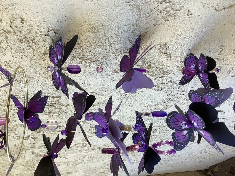 Purple Butterfly Mobile with 13 Three Dimensional Butterflies Enhanced with Crystal Beads Casting Rainbows image 6