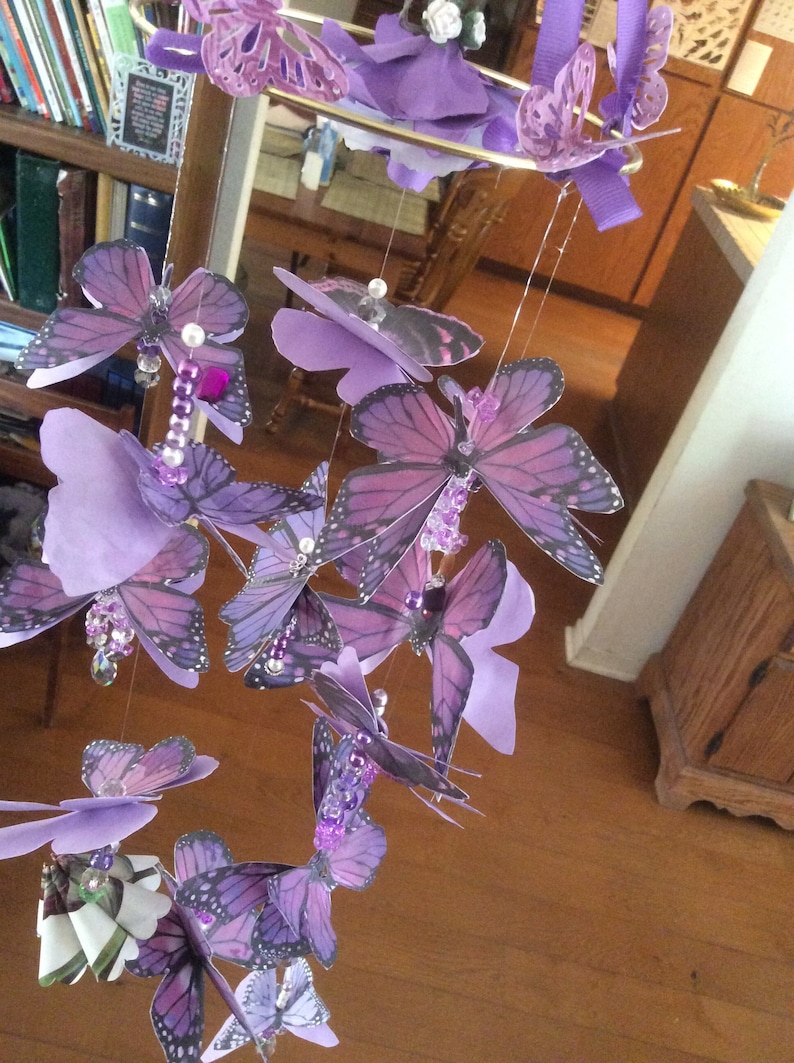 Purple Butterfly Mobile with 13 Three Dimensional Butterflies Enhanced with Crystal Beads Casting Rainbows image 3