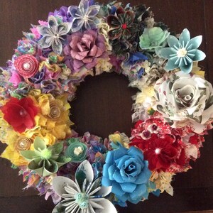 14 Inch Large Fabric and Paper Flower Straw Wreath Color Choices Available image 3