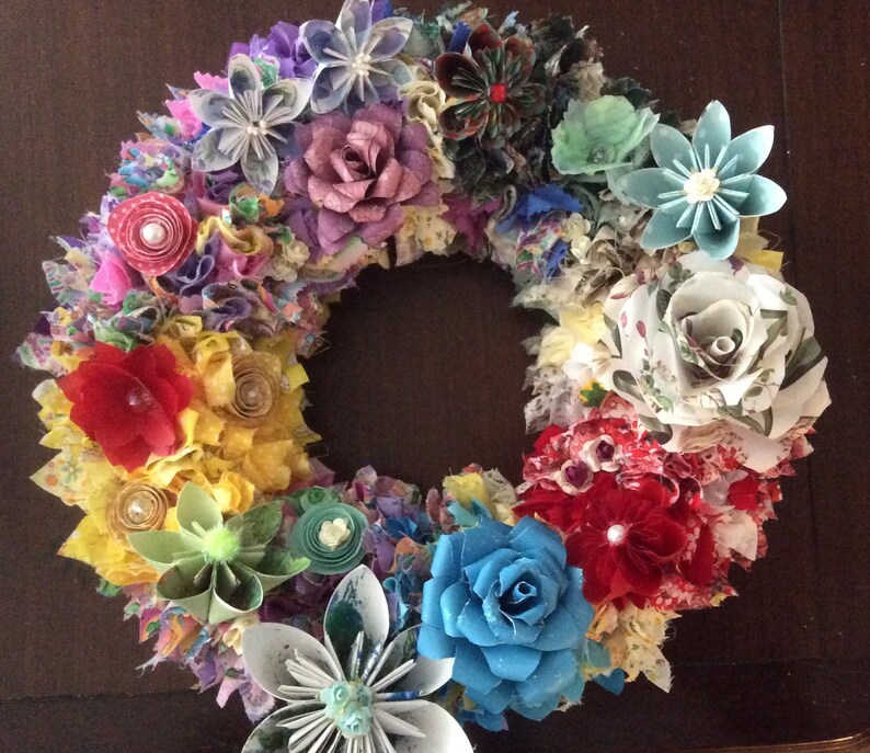 14 Inch Large Fabric and Paper Flower Straw Wreath Color Choices Available image 3