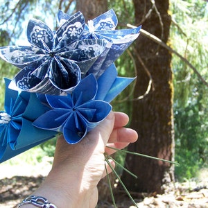 Origami Paper Flowers of Sapphire Blue 5 Origami Flowers With Stems image 3