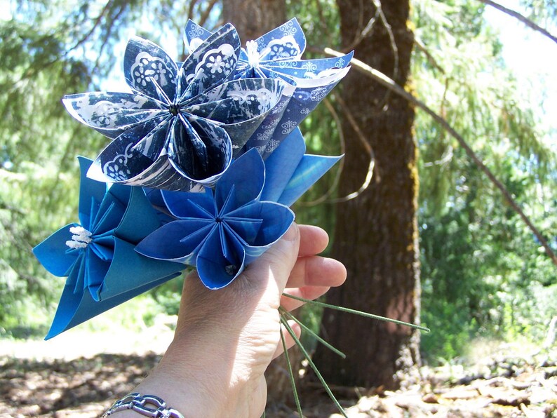 Origami Paper Flowers of Sapphire Blue 5 Origami Flowers With Stems image 3