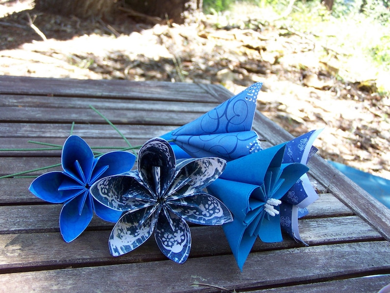 Origami Paper Flowers of Sapphire Blue 5 Origami Flowers With Stems image 5