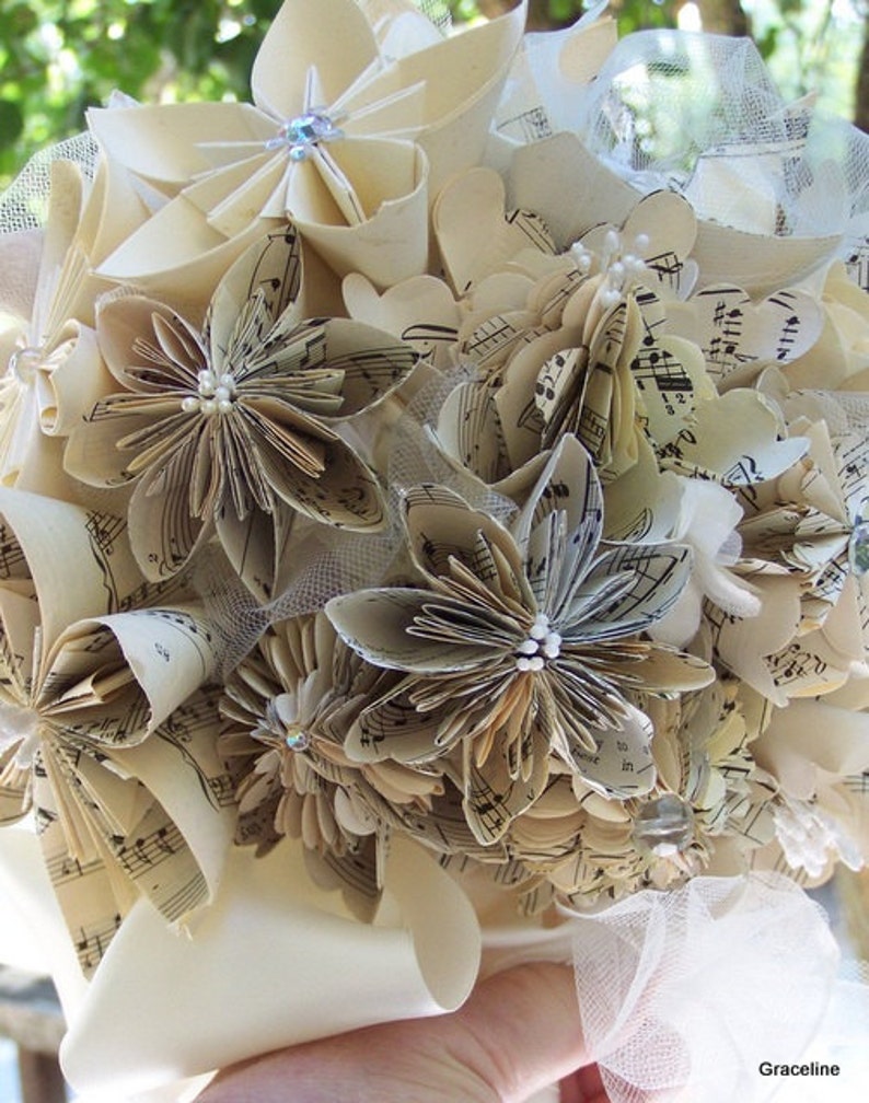 Paper Flower Bridal Bouquet Handmade Customized With Book Pages, Map Flowers or Sheet Music Bouquet image 2