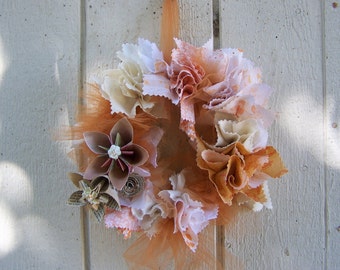 Rustic Origami Flower and Fabric Wreath 10 Inch Size With Color Choices