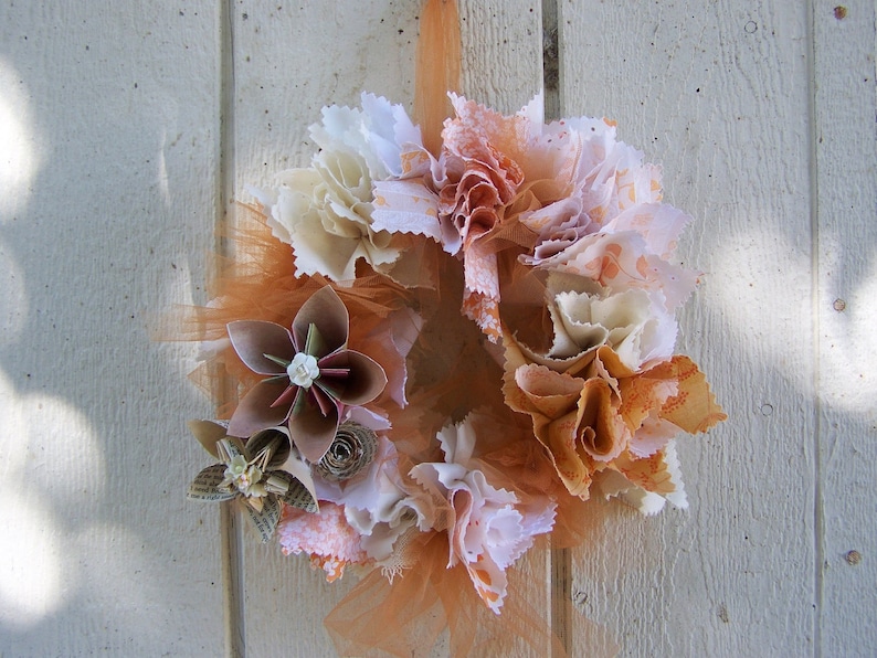 Rustic Origami Flower and Fabric Wreath 10 Inch Size With Color Choices image 1