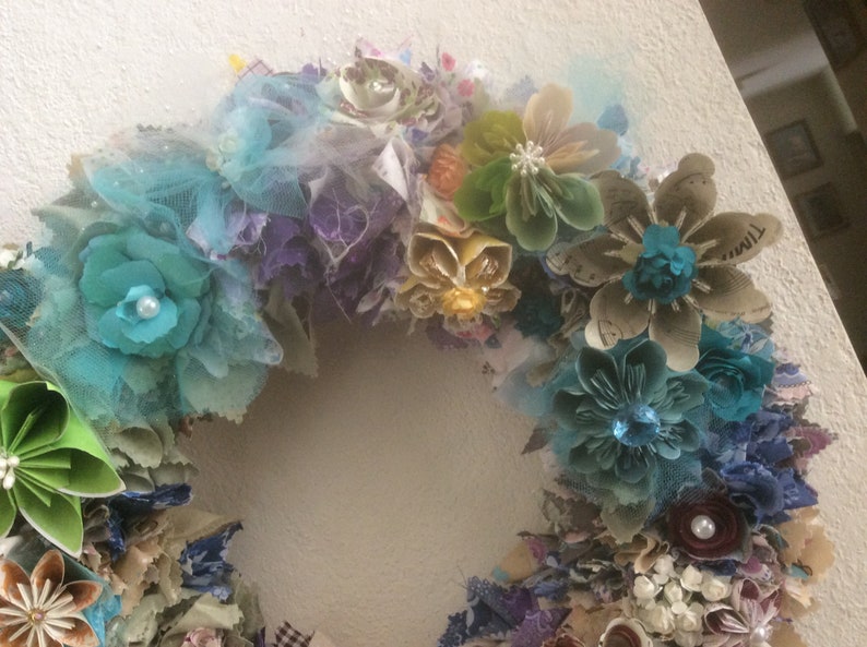Origami Flower Wreath 10/12/14 Inch Diameter With Fabric Decor and 10-12 Origami Flowers image 7