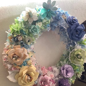 Origami Flower Wreath 10/12/14 Inch Diameter With Fabric Decor and 10-12 Origami Flowers image 1