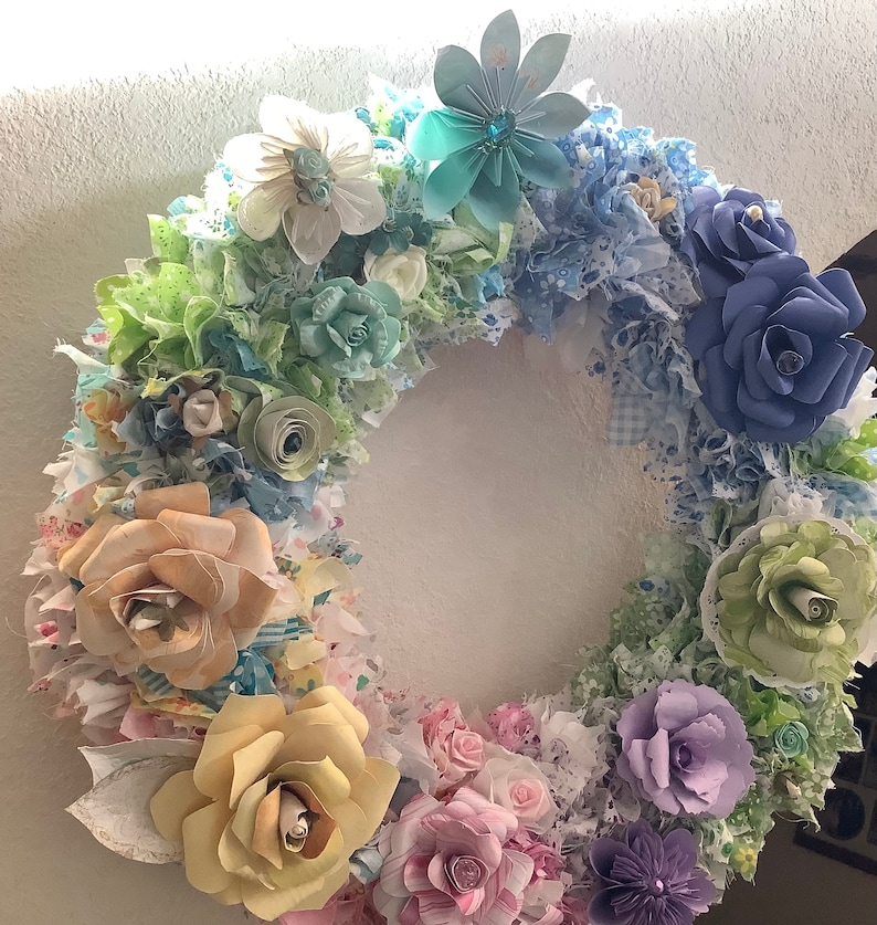 Origami Flower Wreath 10/12/14 Inch Diameter With Fabric Decor and 10-12 Origami Flowers image 1