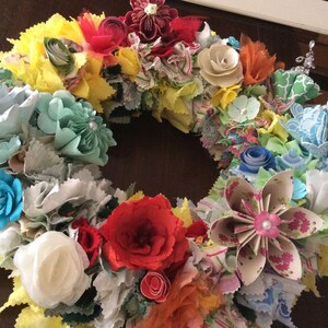 Origami Flower Wreath 10/12/14 Inch Diameter With Fabric Decor and 10-12 Origami Flowers image 9