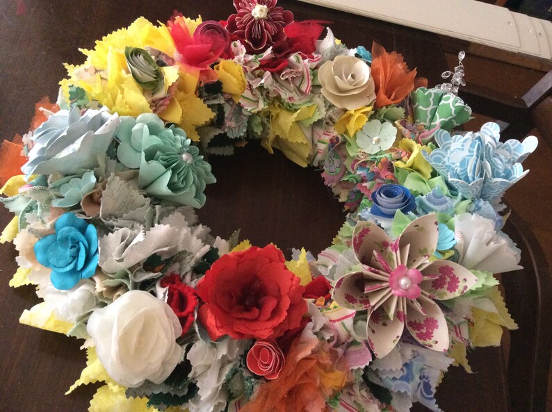 Origami Flower Wreath 10/12/14 Inch Diameter With Fabric Decor and 10-12 Origami Flowers image 9