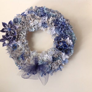 Origami Flower Wreath With Fabric Cut Squares 14 Inches Wide With 10 Origami Flowers and Tulle Bow image 3