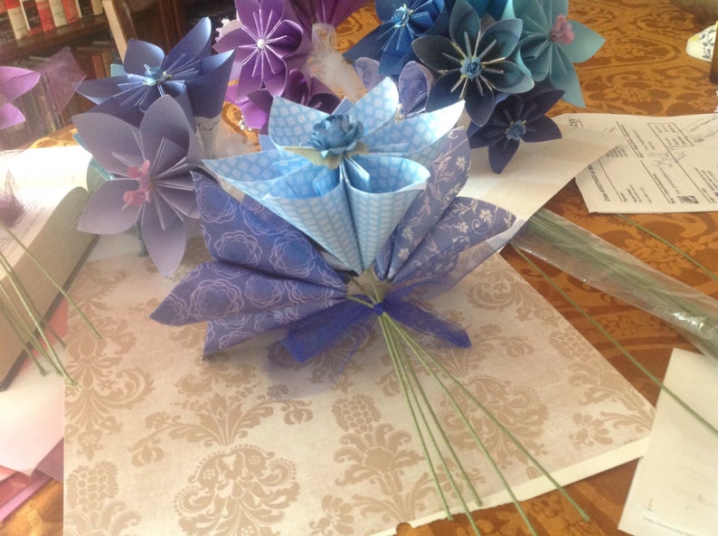 Large Origami Paper Flowers Simple Bouquet of 5 Shown in Purples image 5