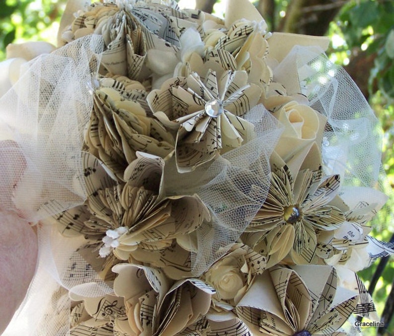 Paper Flower Bridal Bouquet Handmade Customized With Book Pages, Map Flowers or Sheet Music Bouquet image 3