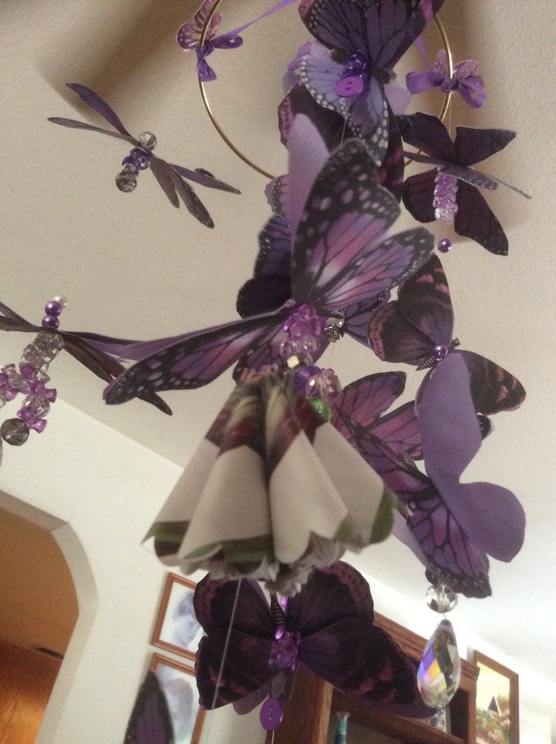 Purple Butterfly Mobile with 13 Three Dimensional Butterflies Enhanced with Crystal Beads Casting Rainbows image 2