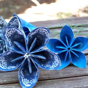 Origami Paper Flowers of Sapphire Blue 5 Origami Flowers With Stems image 1
