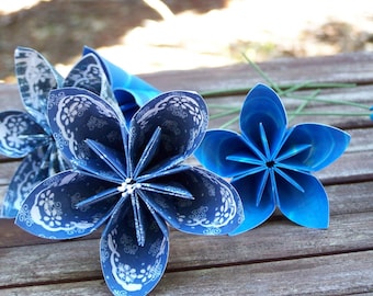 Sapphire Blue Origami Kusudama Flowers, Royal Blue Paper Decor