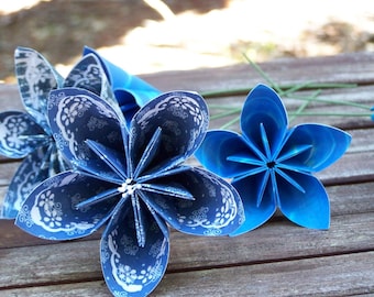 Origami Paper Flowers of Sapphire Blue 5 Origami Flowers With Stems