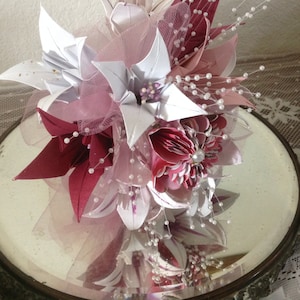 Scarlet, Pink and Ivory Lily Bouquet With 10 Handmade Origami Flowers
