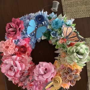 Origami Flower Wreath 10/12/14 Inch Diameter With Fabric Decor and 10-12 Origami Flowers image 10