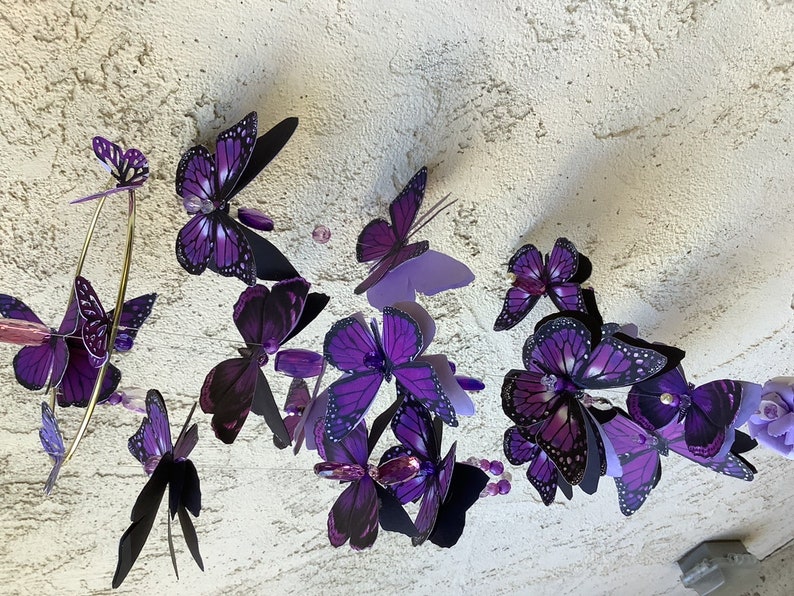 Purple Butterfly Mobile with 13 Three Dimensional Butterflies Enhanced with Crystal Beads Casting Rainbows image 9