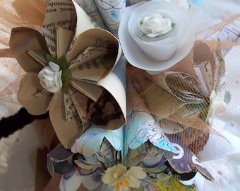 Origami Paper Flower Bouquet With Map, Book, and Music Flowers