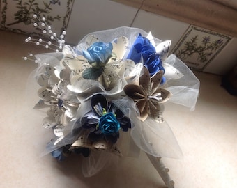 Kusudama Sheet Music Wedding Bouquet Includes 8 Origami Paper Flowers With Blue Highlights