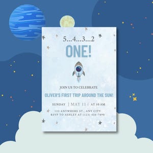 Erste Reise Rund um die Sonne Einladen | 1st Birthday Space Theme | Rakete Leinwand Vorlage | Digital bearbeitbares Bundle