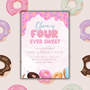 Invitation d'anniversaire douce de Zazzle.be Liste d'envies Vous avez des idées ? Donuts pour 4e anniversaire | Modèle de toile modifiable | Invitation numérique + carte de remerciement pour filles