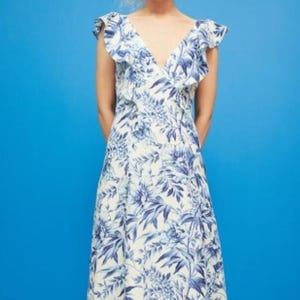 H&M Blue Floral Ruffle Sleeve Summer Boho Maxi Dress Size M