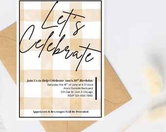 Beige Gingham Birthday Invitation | Editable Canva Template (Digital)