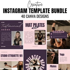 Puede incluir: Un paquete de plantillas de Instagram con 40 diseños de Canva. El diseño incluye plantillas para Pilates, Yoga y Etiqueta de estudio, con una sección de testimonios y preguntas y respuestas. La combinación de colores es principalmente púrpura y rosa.