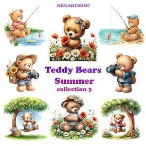 Teddy Bear Summer Clipart PNG | Vintage Bear Illustrations | Cute Bears | Kids Clipart | Digital Download | Watercolor Bear | Fishing Bear