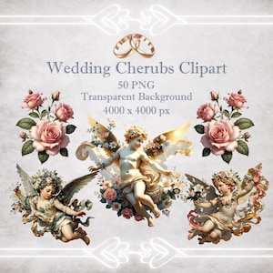 Può includere: Clipart digitale per matrimoni con cherubini alati, rose e composizioni floreali. L'immagine include il testo "Wedding Cherubs Clipart" e "50 PNG Transparent Background 4000 x 4000 px". I cherubini sono in varie pose, circondati da fiori.
