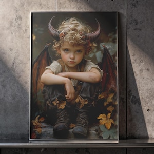 Little Demon — Fantastyczny cyfrowy portret, plakat Demon, mroczna sztuka, gotycka dekoracja ścienna, mistyczne dziecko, natychmiastowe pobieranie